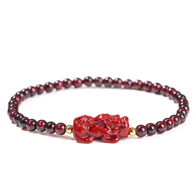 Garnet Cinnabar PiXiu Bracelet – front view white background red cinnabar PiXiu charm, strawberry quartz