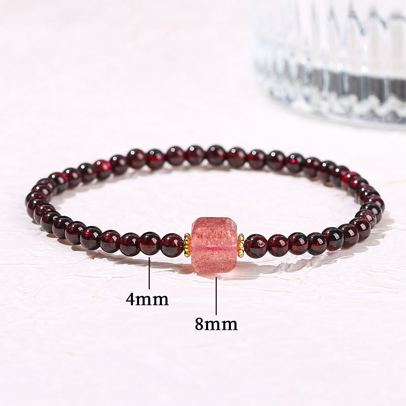 Garnet Cinnabar PiXiu Bracelet – size annotation 4mm 8mm strawberry quartz garnet bead detail, jewelry