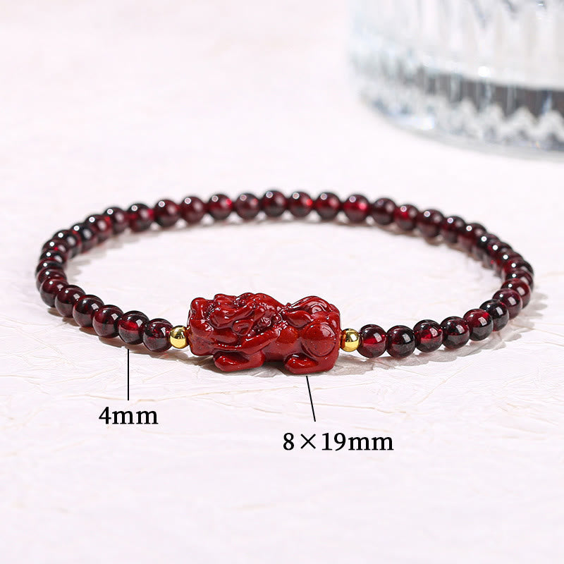 Garnet Cinnabar PiXiu Bracelet – size annotation 4mm 8x19mm white background, garnet PiXiu dimensions