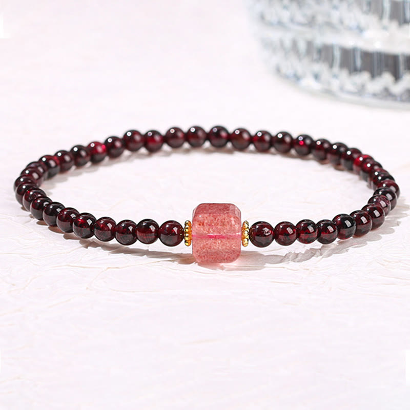 Garnet Cinnabar PiXiu Bracelet – garnet bracelet pink strawberry quartz barrel bead white, love crystal