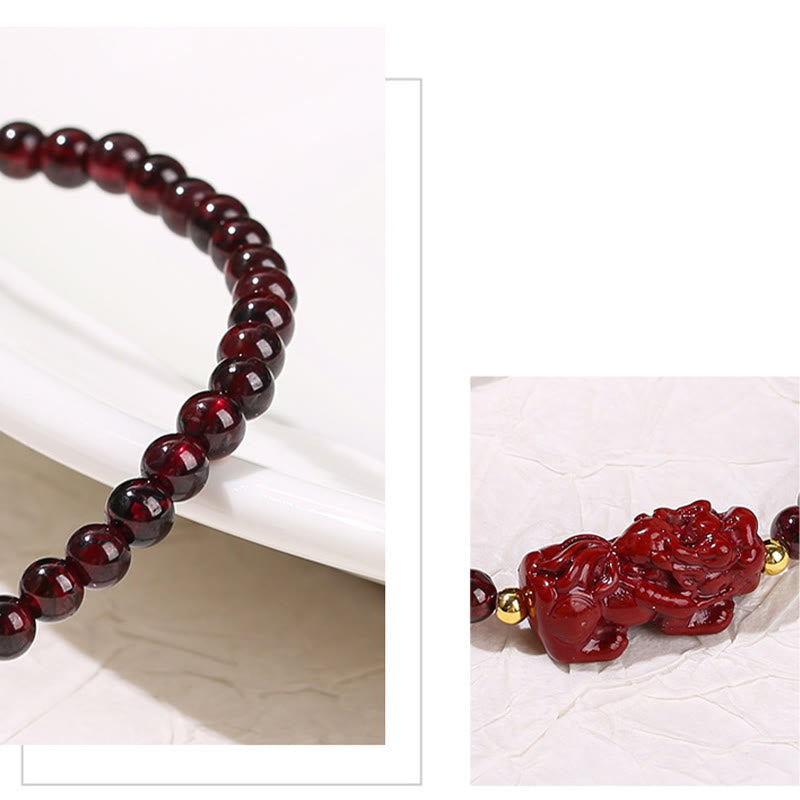 Garnet Cinnabar PiXiu Bracelet – split image garnet beads closeup and PiXiu detail, red crystal jewelry