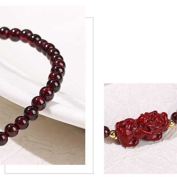 Garnet Cinnabar PiXiu Bracelet – split image garnet beads closeup and PiXiu detail, red crystal jewelry