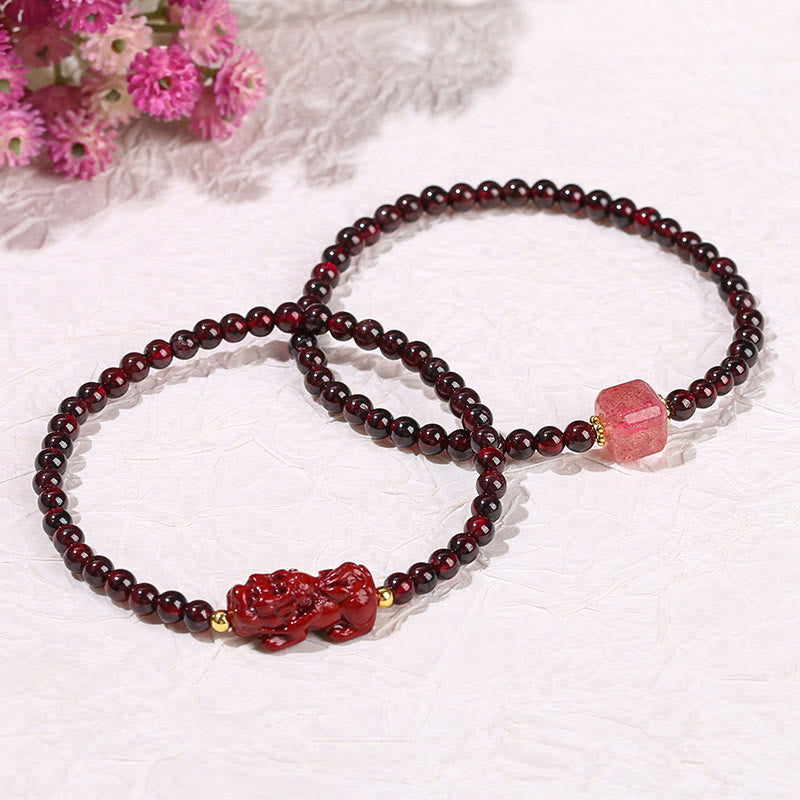 Garnet Cinnabar PiXiu Bracelet – two bracelets PiXiu and strawberry quartz white pink flowers, set gift