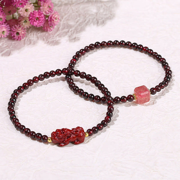 Garnet Cinnabar PiXiu Bracelet – two bracelets PiXiu and strawberry quartz white pink flowers, set gift