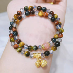 Colorful Tiger Eye Lotus Multi-Circle Bracelet - triple strand tiger eye with lotus charm, Grounding