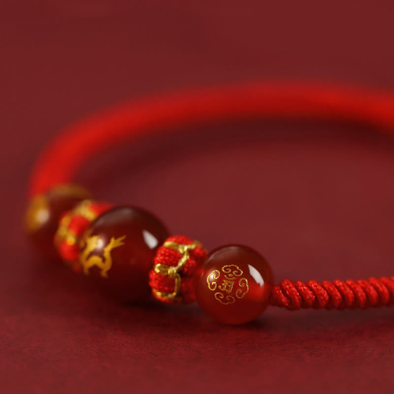 Red Agate Chinese Zodiac Red String Braided Bracelet | Protection – Dragon bead with gold cloud motif, auspicious