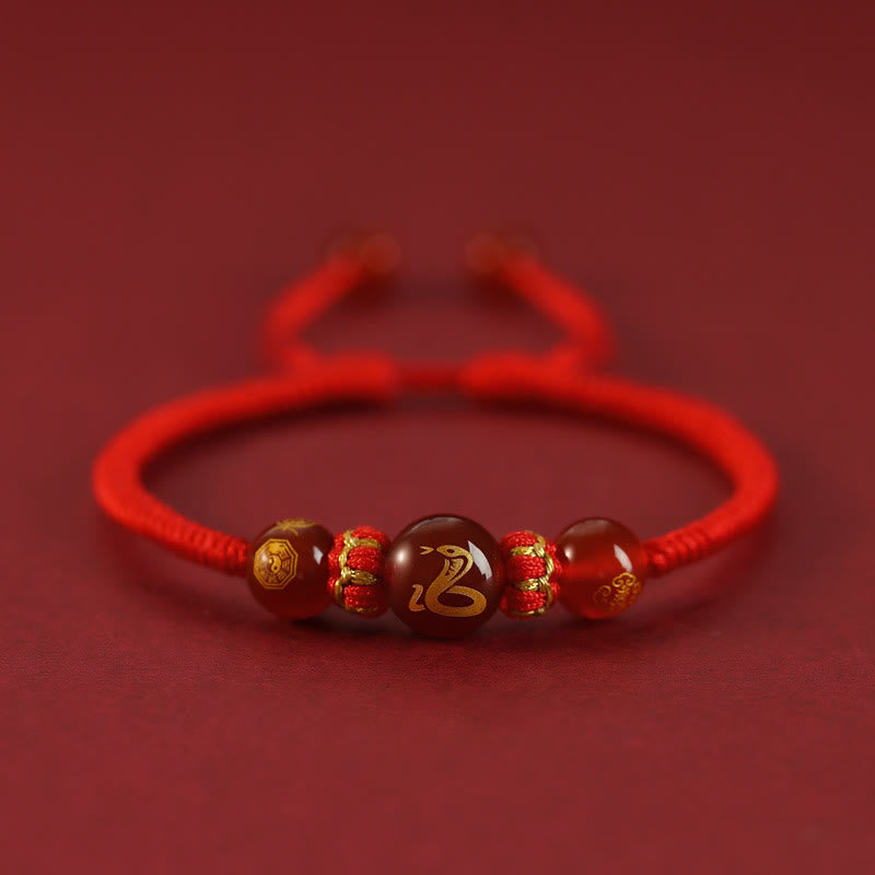 Red Agate Chinese Zodiac Red String Braided Bracelet | Protection – gold Snake zodiac agate bead on red cord, lucky charm