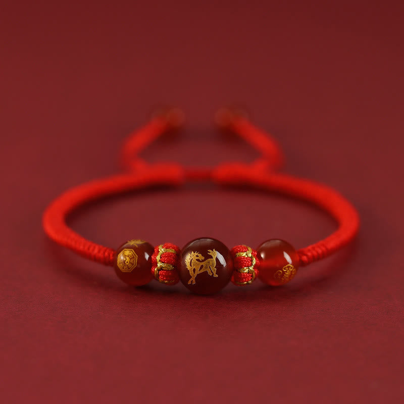 Red Agate Chinese Zodiac Red String Braided Bracelet | Protection – gold Dog zodiac bead, faithful guardian amulet