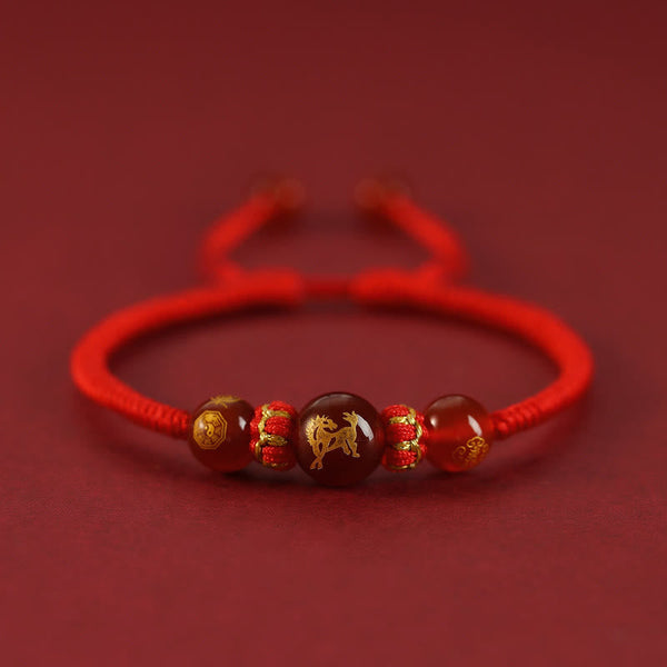Red Agate Chinese Zodiac Red String Braided Bracelet | Protection – gold Dog zodiac bead, faithful guardian amulet