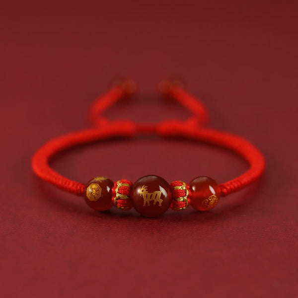 Red Agate Chinese Zodiac Red String Braided Bracelet | Protection – gold Goat zodiac agate with bagua, fortune