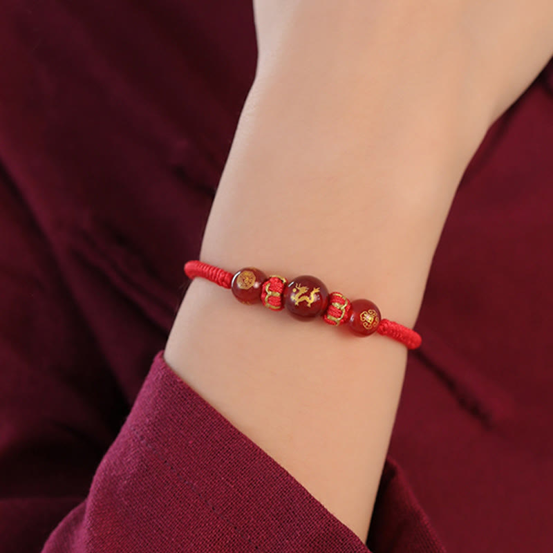 Red Agate Chinese Zodiac Red String Braided Bracelet | Protection – gold Dog zodiac on wrist, loyal guardian charm