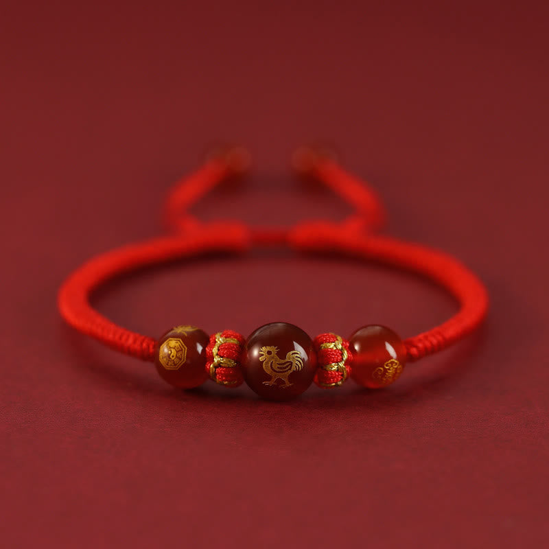 Red Agate Chinese Zodiac Red String Braided Bracelet | Protection – gold Rooster bead, prosperity luck charm