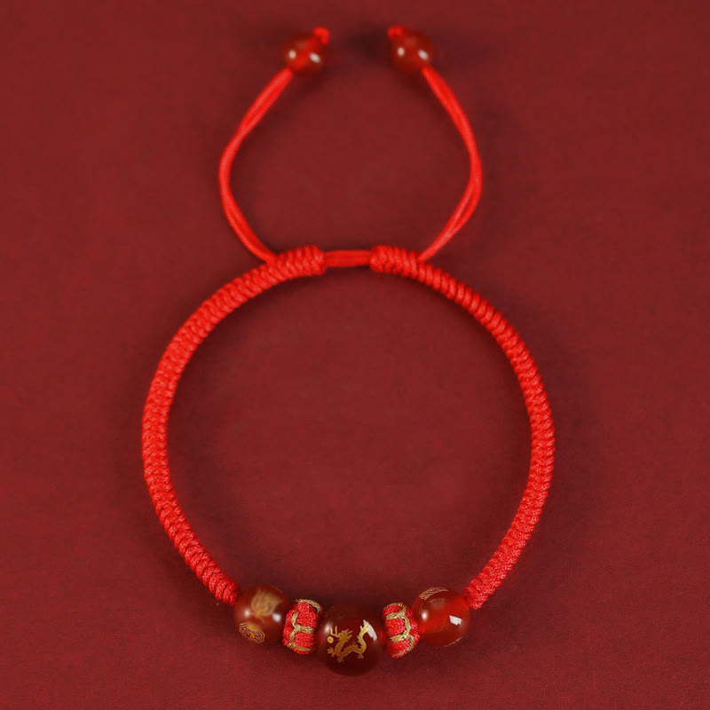 Red Agate Chinese Zodiac Red String Braided Bracelet | Protection – gold Rooster zodiac bead on red cord, vigilant luck charm
