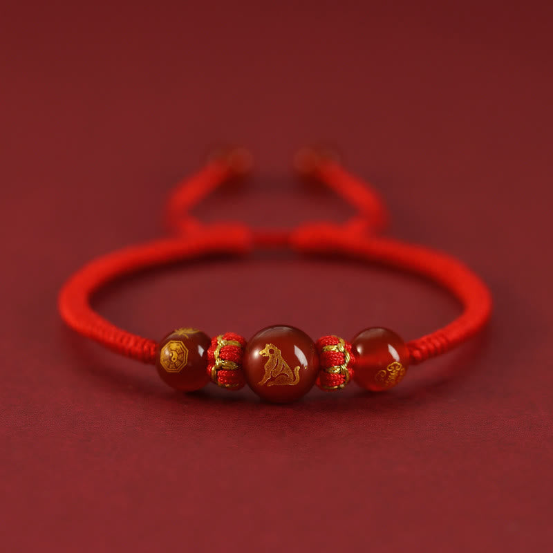 Red Agate Chinese Zodiac Red String Braided Bracelet | Protection – Dog zodiac bead with gold characters, guardian