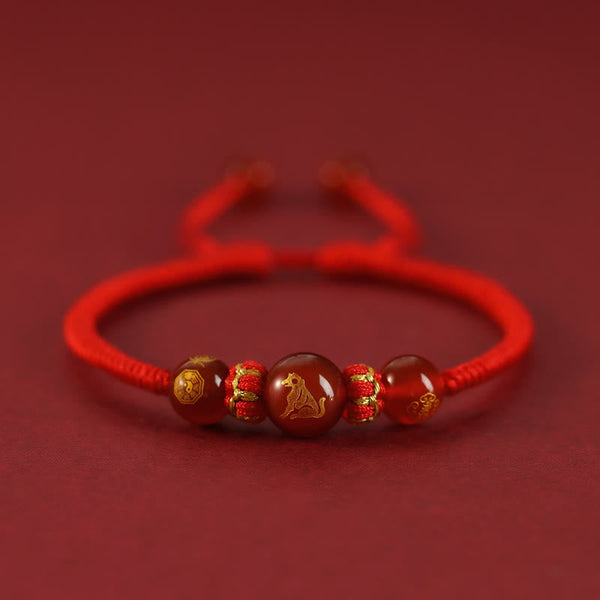 Red Agate Chinese Zodiac Red String Braided Bracelet | Protection – Dog zodiac bead with gold characters, guardian