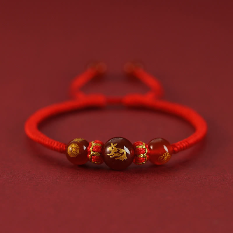 Red Agate Chinese Zodiac Red String Braided Bracelet | Protection – gold Rabbit agate bead, adjustable knot, birth year
