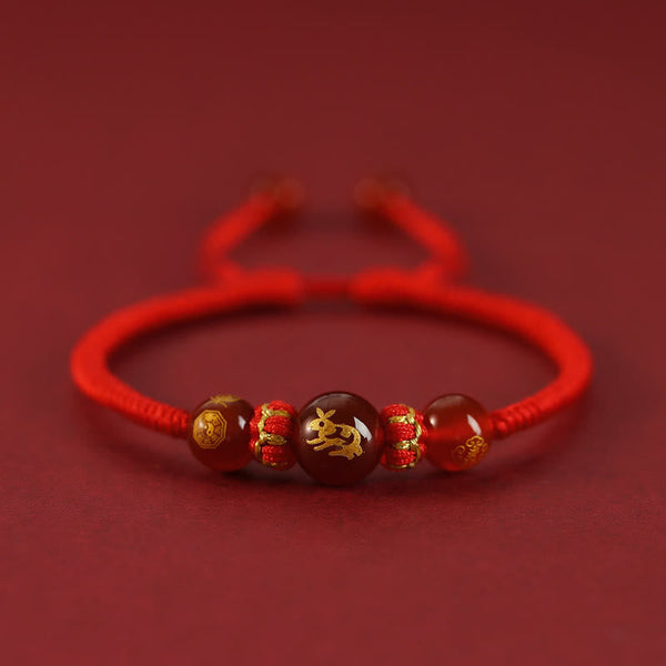 Red Agate Chinese Zodiac Red String Braided Bracelet | Protection – gold Rabbit agate bead, adjustable knot, birth year