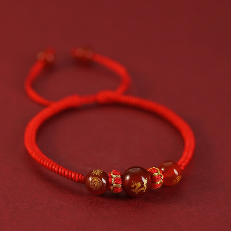 Red Agate Chinese Zodiac Red String Braided Bracelet | Protection – Dragon bead with gold bagua, feng shui amulet