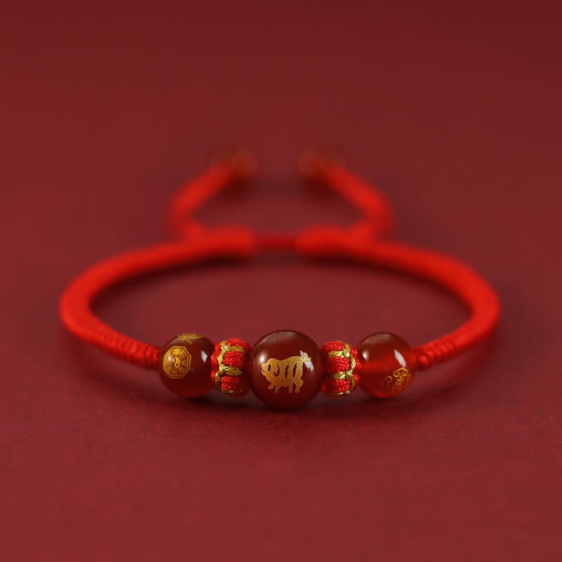 Red Agate Chinese Zodiac Red String Braided Bracelet | Protection – gold Tiger bead with bagua, courageous charm