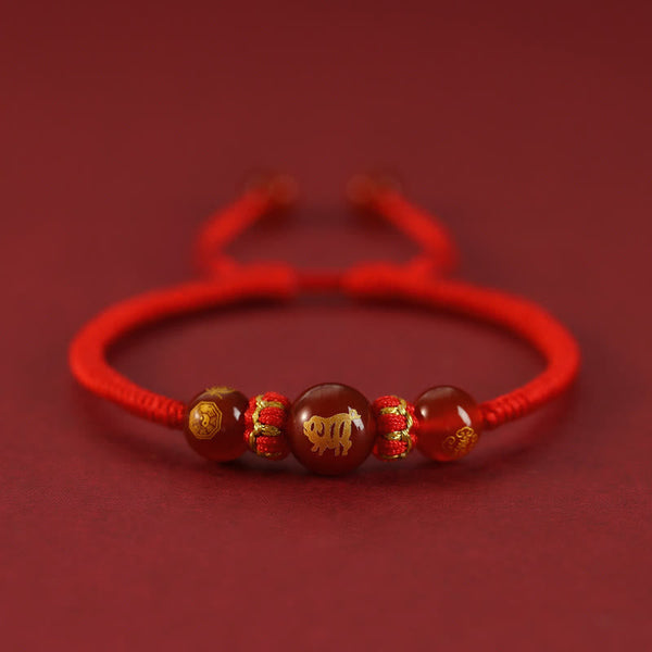 Red Agate Chinese Zodiac Red String Braided Bracelet | Protection – gold Tiger bead with bagua, courageous charm