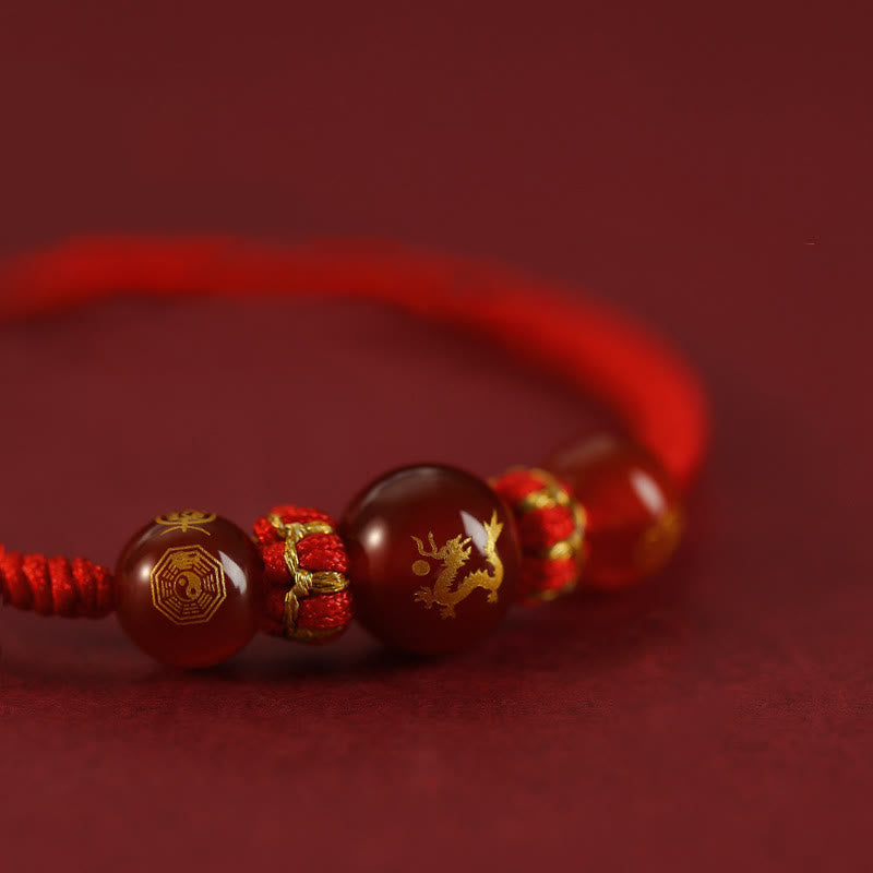 Red Agate Chinese Zodiac Red String Braided Bracelet | Protection – gold Dragon on agate with bagua, mystical