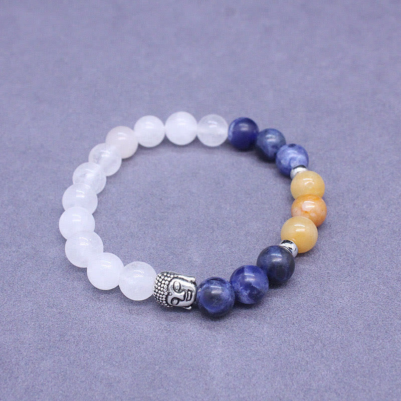 Mixed Gemstone Buddha Head Bracelet – Buddha head charm macro detail, silver metal texture and serene facial features