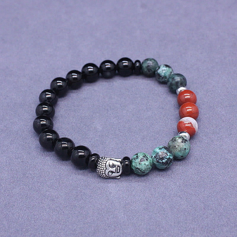 Multi-Gemstone Buddha Bracelet – natural light through translucent amethyst beads glow