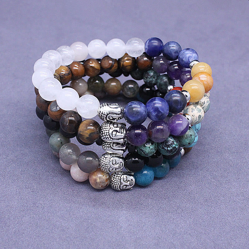Mixed Gemstone Buddha Head Bracelet – paired with matching gemstone ring, coordinated spiritual accessory set