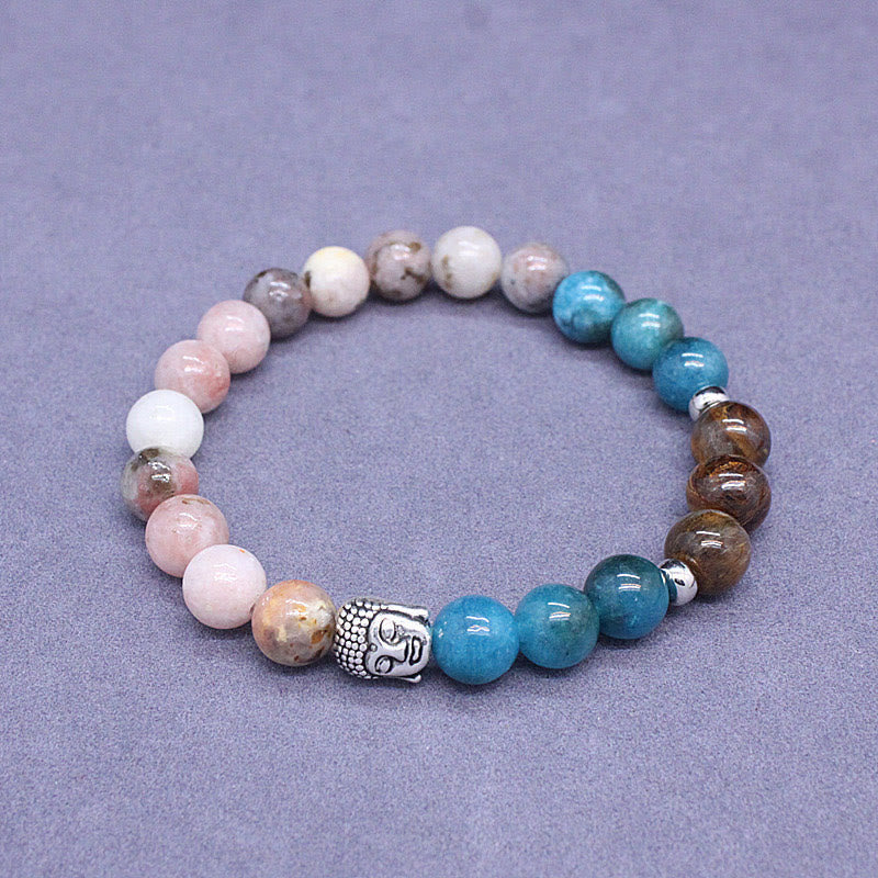Mixed Gemstone Buddha Head Bracelet – in velvet pouch with brand card, premium unboxing experience display