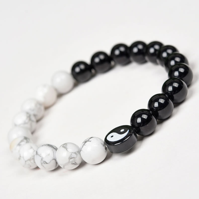 Obsidian White Turquoise Yin Yang Bracelet - curved view of polished obsidian and natural white turquoise beaded bracelet ...