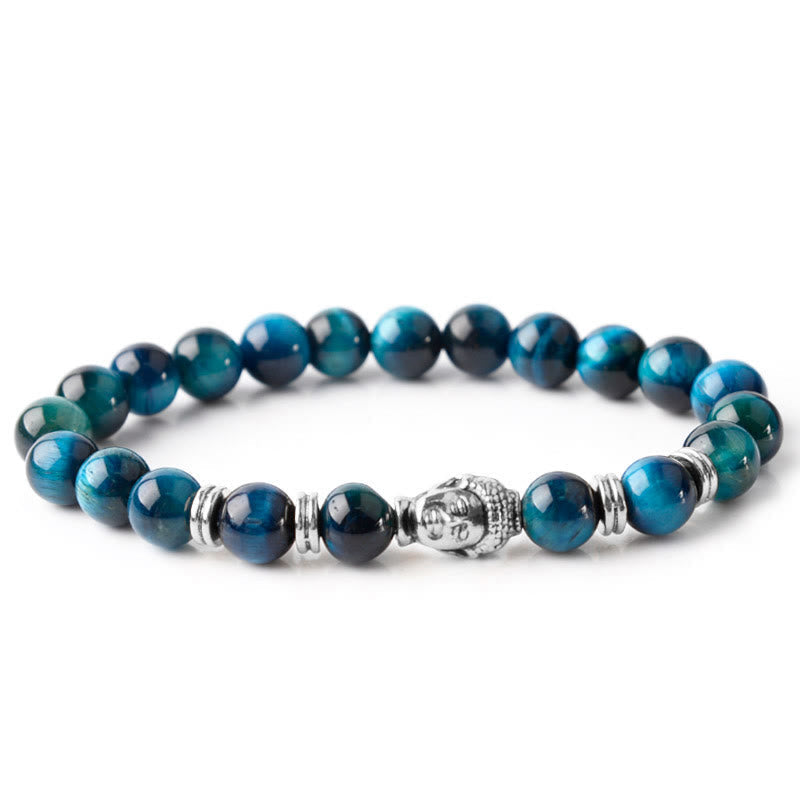Blue Tiger Eye Buddha Bracelet – stacked with silver chain, modern layered style