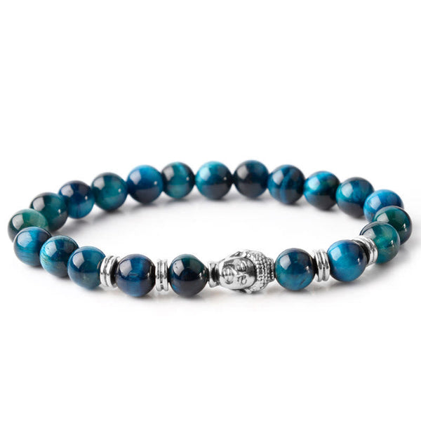 Blue Tiger Eye Buddha Bracelet – stacked with silver chain, modern layered style