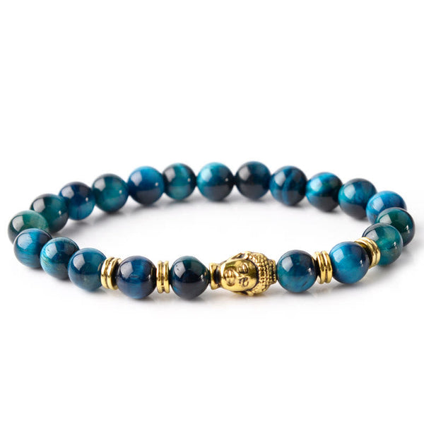 Blue Tiger Eye Buddha Bracelet – three color variants row, blue green red collection