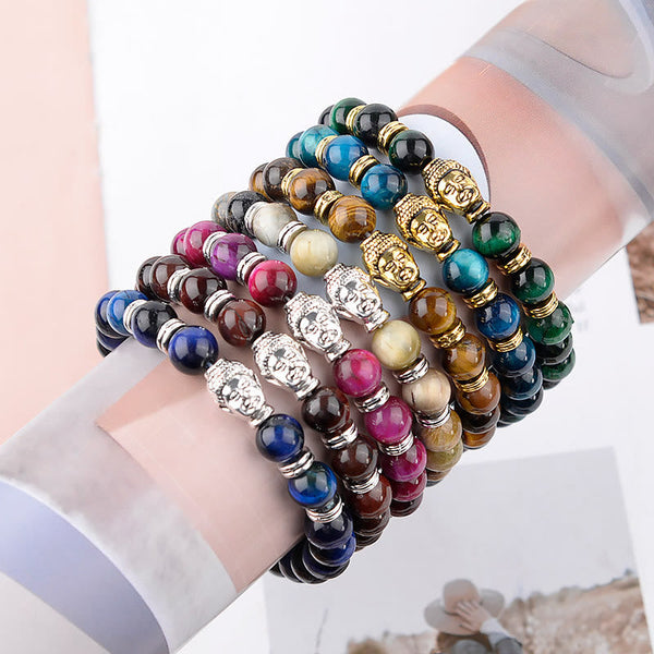 Product 1028: Blue Green Red Tiger Eye Buddha Bracelet