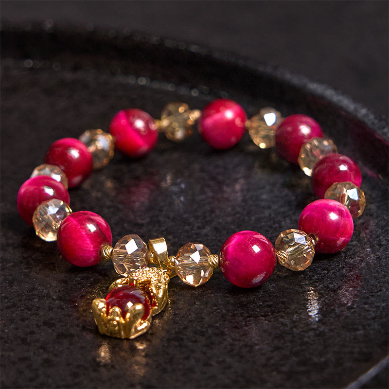 Red Tiger Eye PiXiu Fox Bracelet – Red beads crystal gold PiXiu on black plate, confidence jewelry