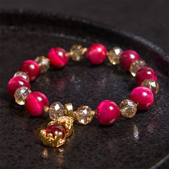 Red Tiger Eye PiXiu Fox Bracelet – Red beads crystal gold PiXiu on black plate, confidence jewelry
