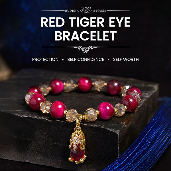 Red Tiger Eye PiXiu Fox Bracelet – Red tiger eye crystal gold PiXiu on black stone banner, protection