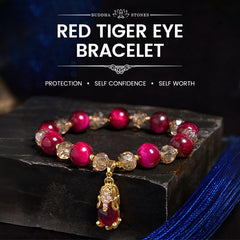 Red Tiger Eye PiXiu Fox Bracelet – Red tiger eye crystal gold PiXiu on black stone banner, protection