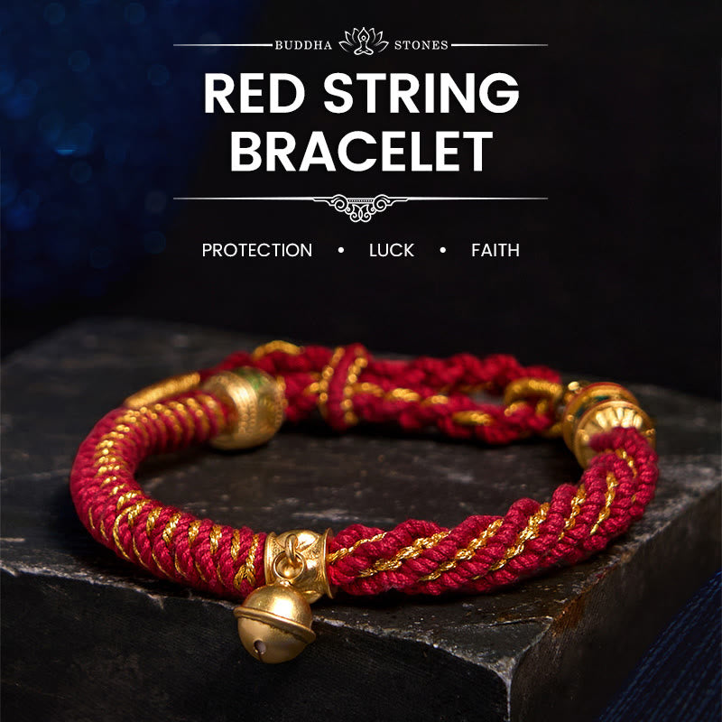 Zakiram Om Mani Padme Hum Charm Bracelet – Red and gold braid variant with bell on dark stone, protection bracelet