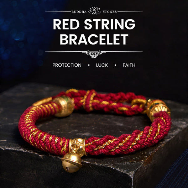 Zakiram Om Mani Padme Hum Charm Bracelet – Red and gold braid variant with bell on dark stone, protection bracelet