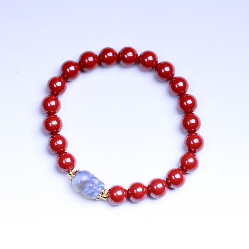 Cinnabar Moonstone PiXiu Bracelet – Isolated red cinnabar beads moonstone PiXiu white, gift jewelry