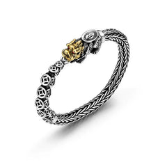 Sterling Silver PiXiu Coins Bracelet – Braided silver cuff with gold PiXiu and coin beads, white bg