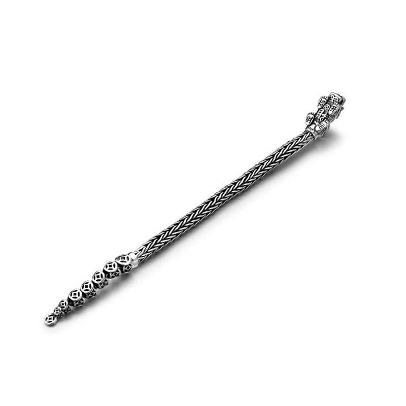 Sterling Silver PiXiu Coins Bracelet – Extended side view silver braid coin beads PiXiu, detail shot