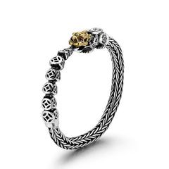 Sterling Silver PiXiu Coins Bracelet – Side view silver braid with gold PiXiu charm, wealth bangle