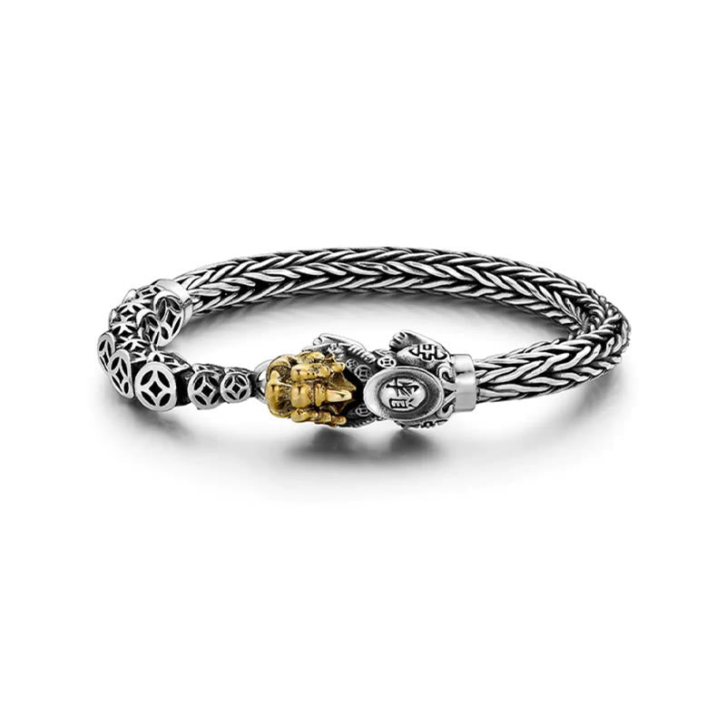 Sterling Silver PiXiu Coins Bracelet – Flat lay silver bracelet gold PiXiu ancient coins, feng shui