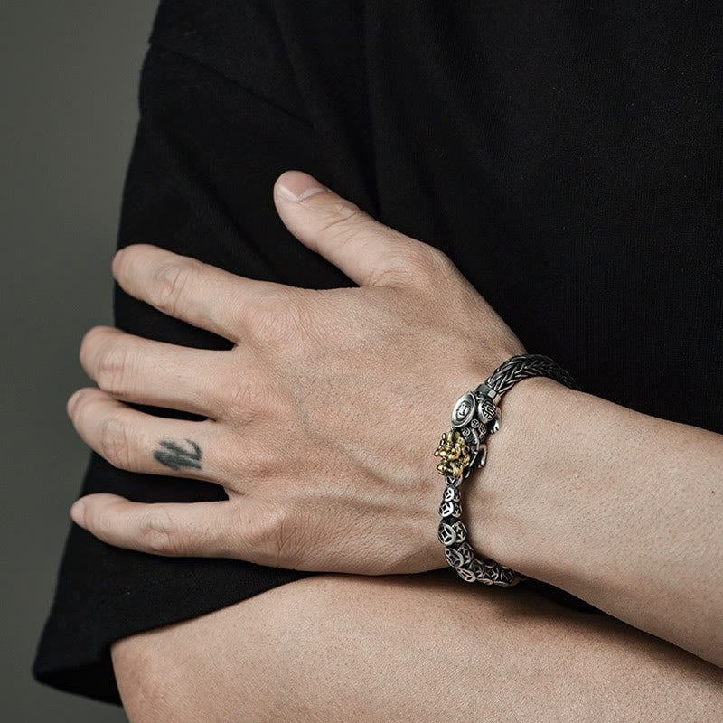 Sterling Silver PiXiu Coins Bracelet – Man wrist wearing silver PiXiu bracelet black shirt, men jewelry