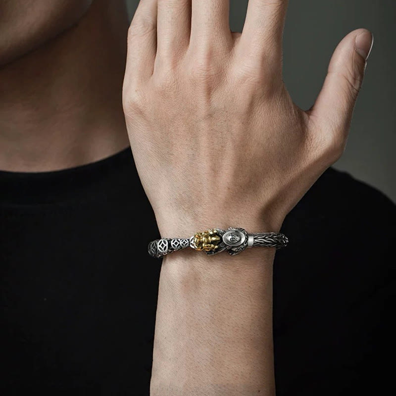 Sterling Silver PiXiu Coins Bracelet – Man wearing silver PiXiu bracelet black t-shirt, everyday wealth