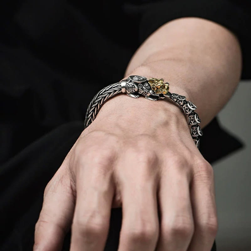 Sterling Silver PiXiu Coins Bracelet – Wrist shot braided silver texture with PiXiu, protection bangle