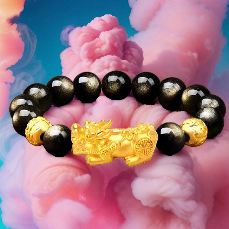 Gold Sheen Obsidian PiXiu Bracelet – Bracelet on pink smoke dreamy background, mystical wealth jewelry