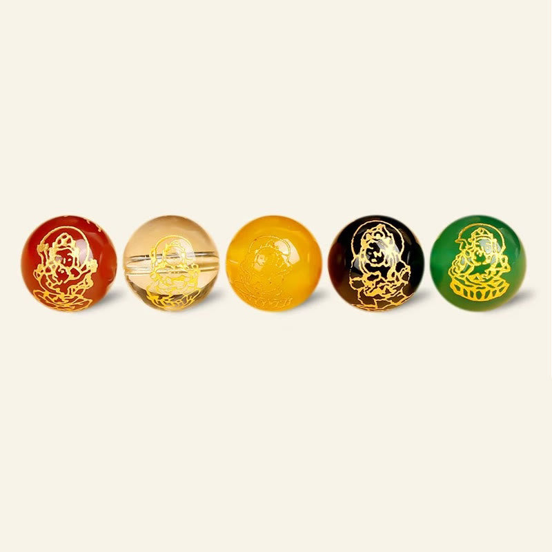 Gold Sheen Obsidian PiXiu Bracelet – five directions gods beads close-up, red yellow green black clear, gold detail